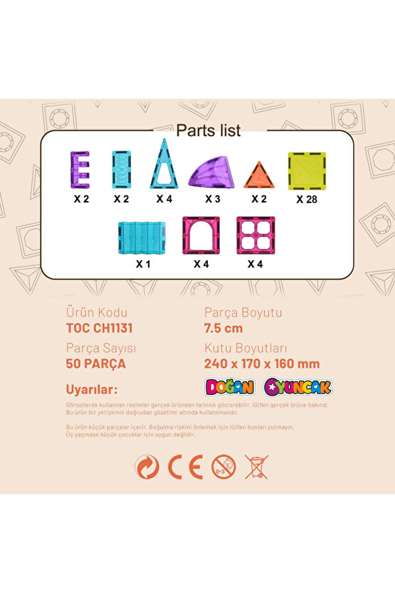 Orijinal Magnetic Tiles 50 Parça Manyetik Lego - Magnetic Magical Magnet - Mıknatıslı Lego