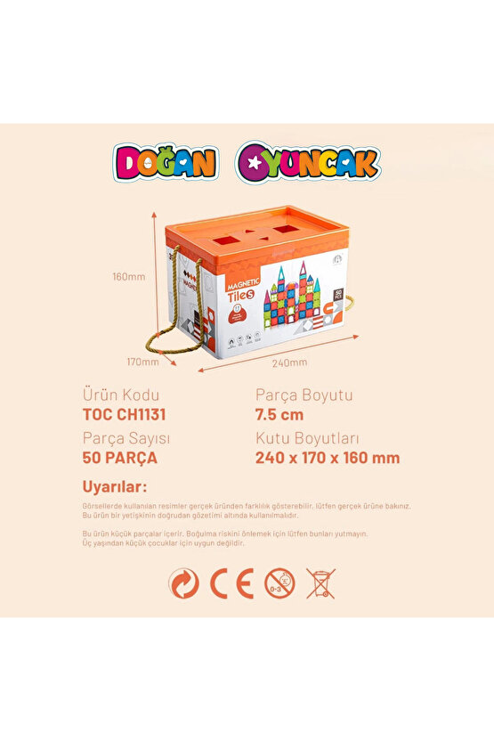Orijinal Magnetic Tiles 50 Parça Manyetik Lego - Magnetic Magical Magnet - Mıknatıslı Lego