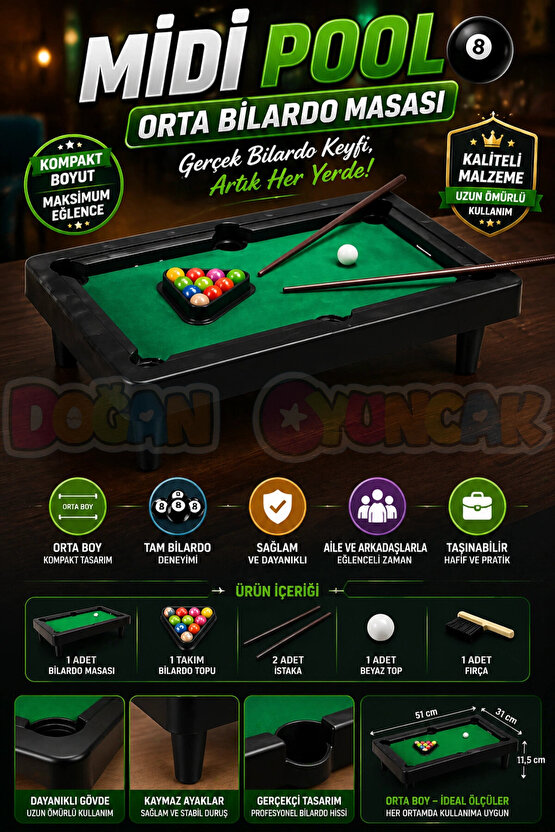 Midi Pool Orta Bilardo Masası - Bilardo Maçı - Bilardo Oyuncak - 8 Ball Oyunu - Büyük Bilardo Seti -