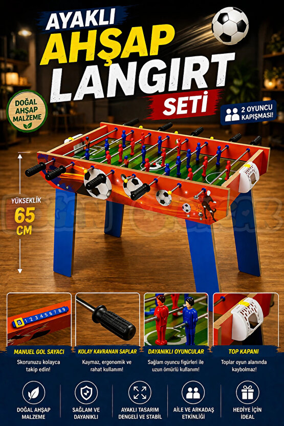 Ayaklı Ahşap Langırt Seti - Ahşap Oyuncak - Futbol Oyuncakları - Top Oyuncak Langırt Setleri - Langı