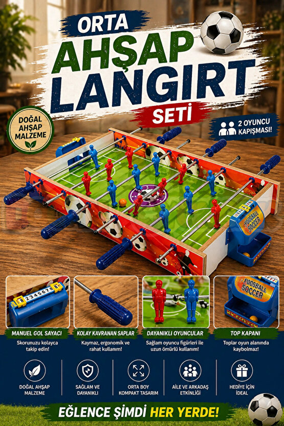 Orta Ahşap Langırt Seti - Ahşap Oyuncak - Futbol Oyuncakları - Top Oyuncak Langırt Setleri - Langırt