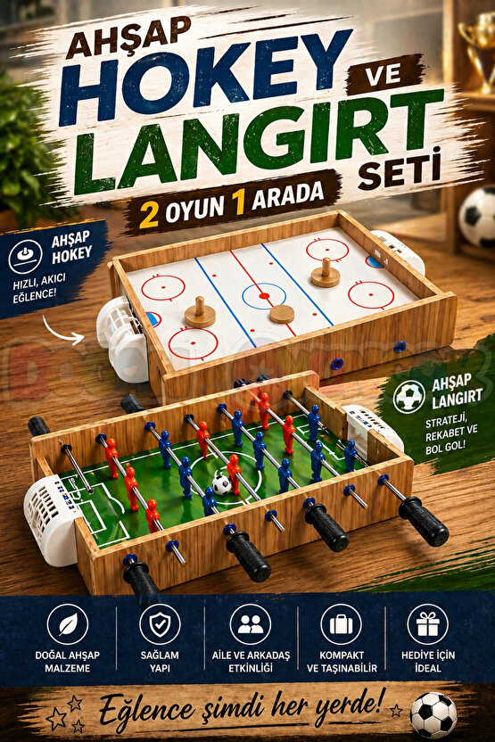 Ahşap Hokey ve Ahşap Langırt Seti - Ahşap Oyuncak - Futbol Oyuncakları - Top Oyuncak Langırt Setleri