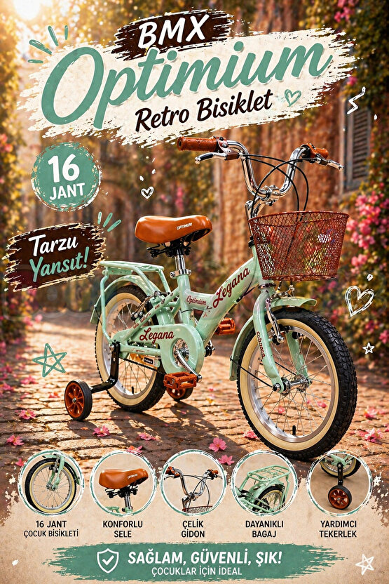 BMX Legano Optimum Series Retro 16 Jant Çocuk Bisikleti Yeşil - Legano 16 Jant Bisiklet Retro BMX Bi