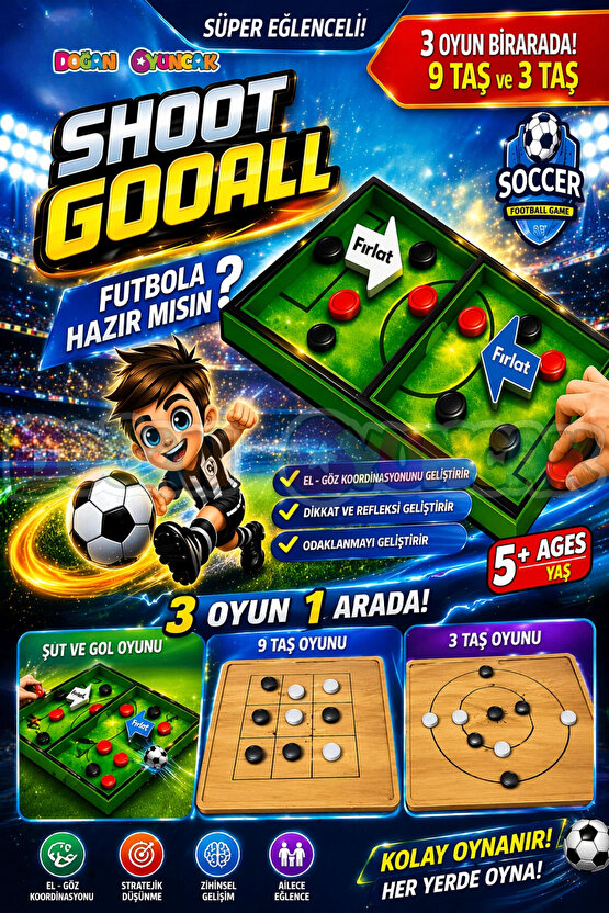 Ahşap Şut ve Gol Oyunu + 9 Taş ve 3 Taş Oyunu - Shoot Gool Oyunu - Fast Finger Oyunu