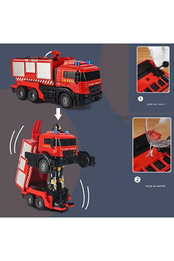 Uzaktan Kumandalı Dönüşebilen İtfaiye Arabası - Su Atan İtfaiye Aracı Işıkllı Robota Dönüşen İtfaiye