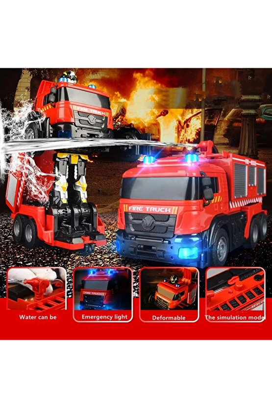 Uzaktan Kumandalı Dönüşebilen İtfaiye Arabası - Su Atan İtfaiye Aracı Işıkllı Robota Dönüşen İtfaiye