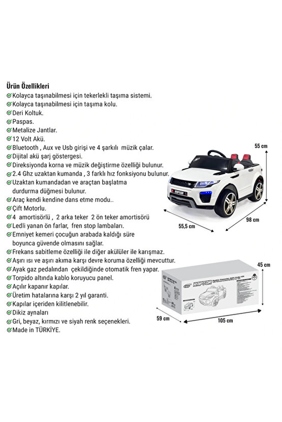 Raptor GT Beyaz Uzaktan Kumandalı 4X2 12 Volt Akülü Araba - RC Land Rover Akülü Araba Range Rover