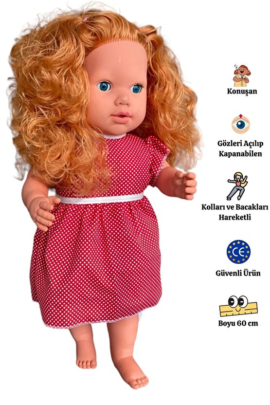 Büyük Boy Türkçe Konuşan Açık Kahverengi Uzun Saçlı Et Bebek Oyuncak 60 cm