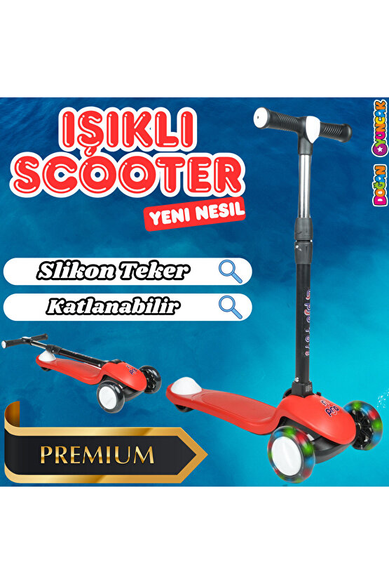 Lupa Katlanabilir Işıklı 3 Tekerlekli Kırmızı Scooter - Işıklı Scooter - Slikon Teker Scooter - Çocu
