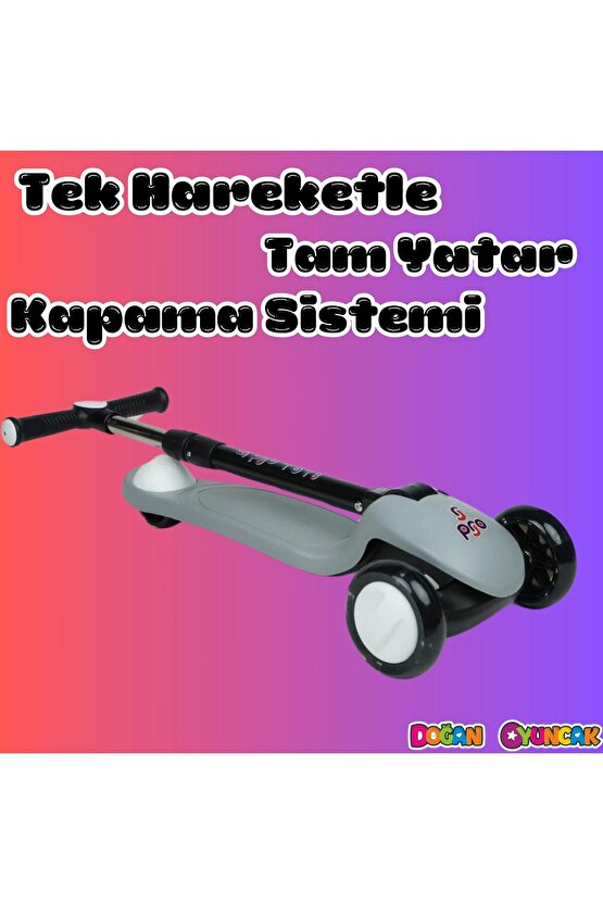 Lupa Katlanabilir Işıklı 3 Tekerlekli Gri Scooter - Işıklı Scooter - Slikon Teker Scooter - Çocuk Sc