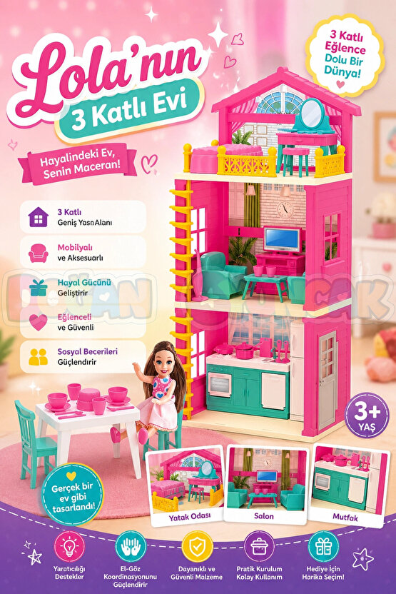 Lolanın 3 Katlı Evi - Ev Oyuncak - Lolanın 3 Katlı Ev Seti - Barbie Ev Seti