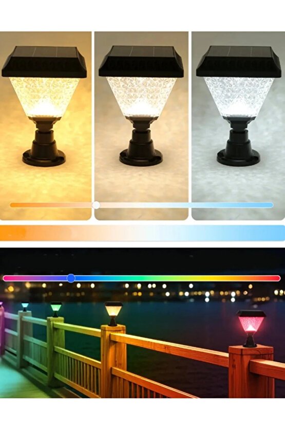 Güneş Enerjili, Kumandalı, RGB, Gün Işığı, Mavi, Kırmızı Işıklı Gece Sensörlü Bahçe Duvar Aplik