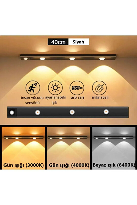 3 Adet 40cm Harekete Duyarlı Sensörlü Usb Şarj Dim Edilebilir Taşınabilir Mutfak Dolap, Gece Lambası