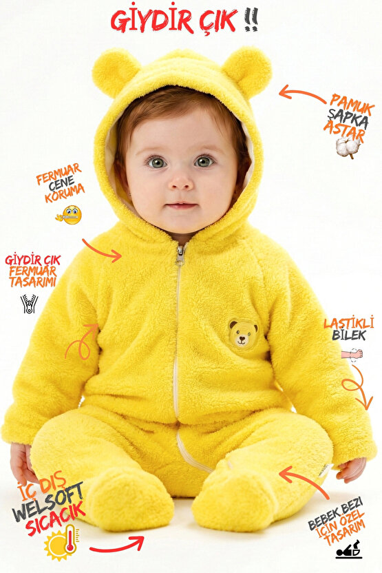 Welsoft Peluş Fermuarlı Kışlık Unisex Kız Erkek Bebek Uyku Tulumu Bebek Tulumu Çocuk Tulumu