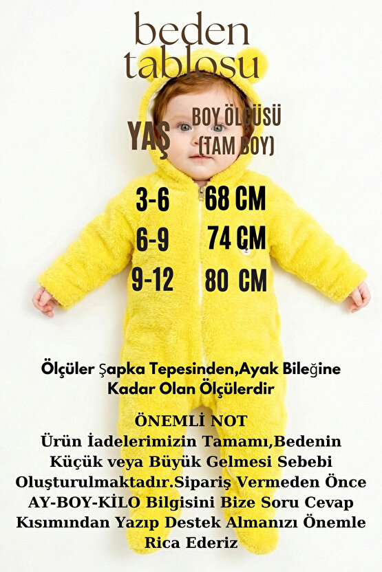 Welsoft Peluş Fermuarlı Kışlık Unisex Kız Erkek Bebek Uyku Tulumu Bebek Tulumu Çocuk Tulumu