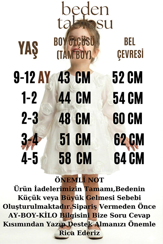 Kız Bebek Elbise Kız Çocuk Elbise Güllü Doğum Günü Parti Düğün Özel Gün Uzun Kol Astarlı Fiyonklu