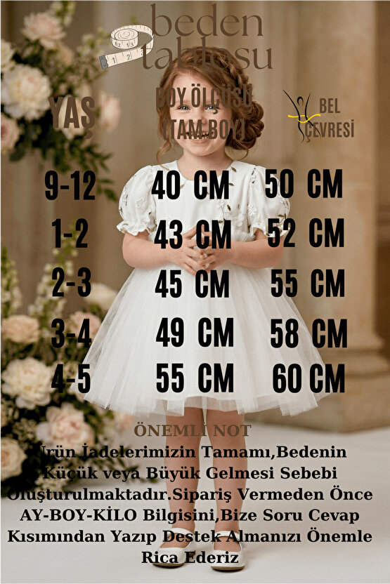 Kız Bebek Kız Çocuk Doğum Günü Parti Düğün Elbise Kısa Kol Çiçekli Fiyonklu Tüllü Tütü Astarlı