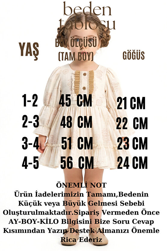 Kız Bebek Elbise Kız Çocuk Elbise Yakalı Doğum Günü Parti Düğün Özel Gün Uzun Kol Astarlı Çiçek Dese