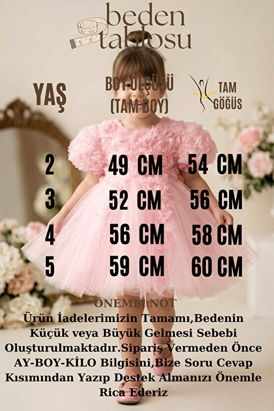 Kız Bebek Kız Çocuk Doğum Günü Parti Düğün Elbise Kısa Kol Astarlı Tüllü Güllü Çiçekli Fiyonklu