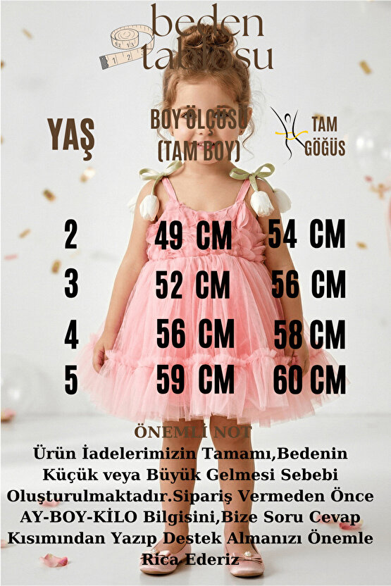 Kız Bebek Kız Çocuk Doğum Günü Parti Düğün Elbise Kısa Kol Askılı Kolsuz Astarlı Tüllü Güllü Çiçekli