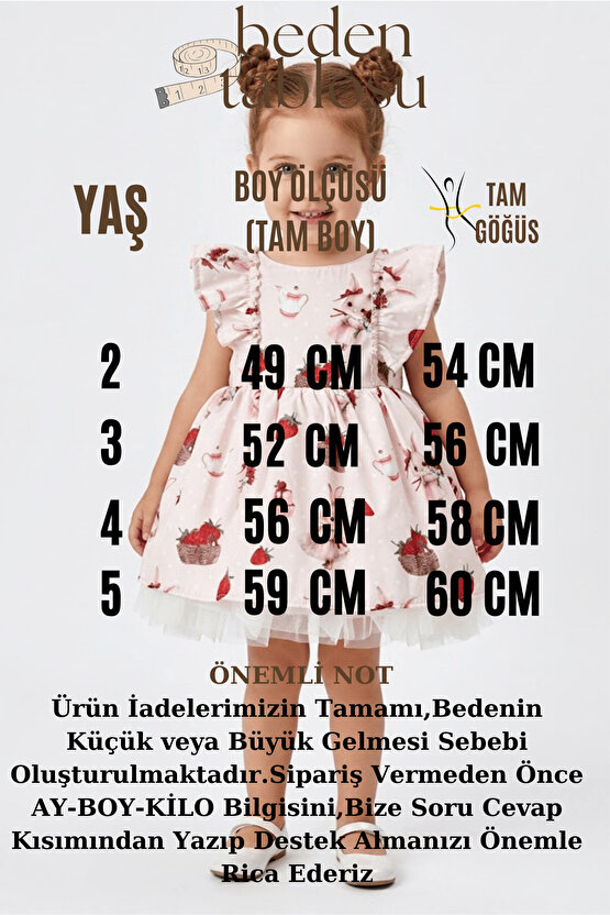Kız Bebek Kız Çocuk Doğum Günü Parti Düğün Elbise Kısa Kol Dantelli Tüllü Astarlı Çilek