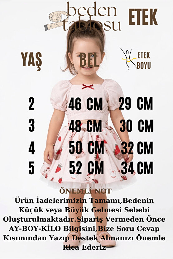 Kız Bebek Kız Çocuk Doğum Günü Parti Düğün Elbise Kısa Kol İkili Takım Dantelli Tüllü Astarlı Çilek