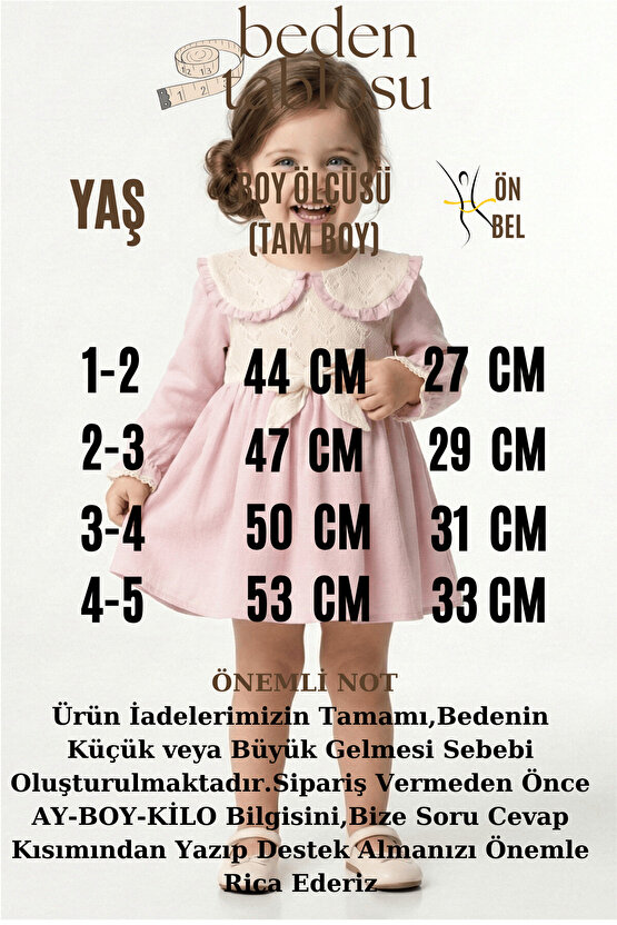 Kız Bebek Elbise Kız Çocuk Elbise Doğum Günü Parti Düğün Özel Gün Yakalı Fiyonklu Uzun Kol Astarlı E