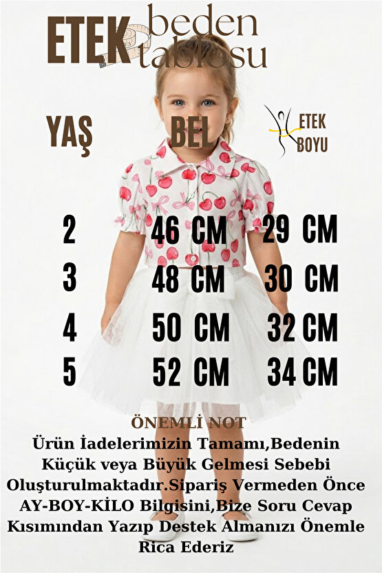 Kız Bebek Kız Çocuk Doğum Günü Parti Düğün Elbise İkili Takım Kısa Kol Kirazlı Tüllü Astarlı