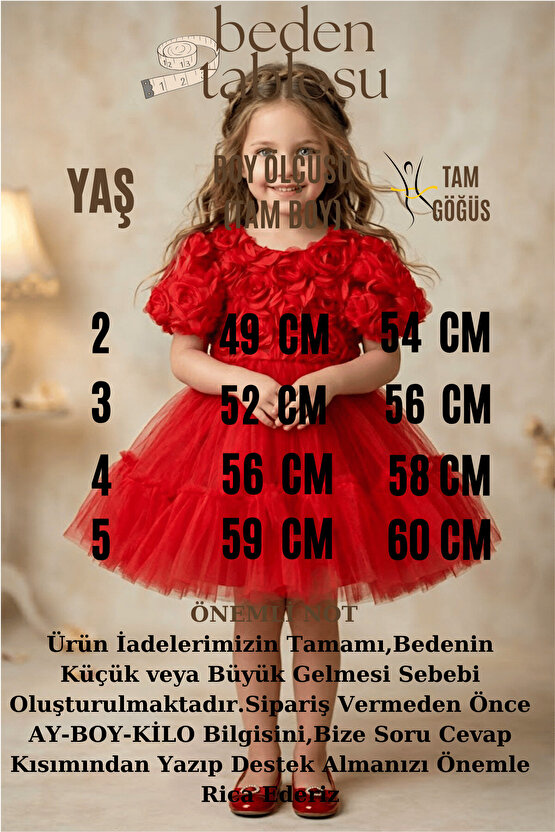 Kız Bebek Kız Çocuk Doğum Günü Parti Düğün Elbise Kısa Kol Güllü Fiyonklu Tüllü Tütü Astarlı