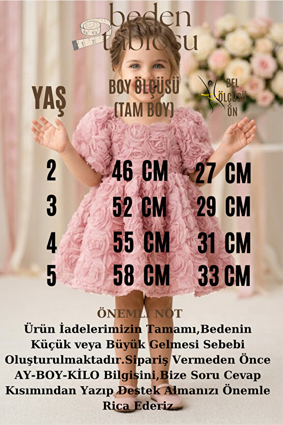 Kız Bebek Kız Çocuk Doğum Günü Parti Düğün Elbise Kısa Kol Güllü Tüllü Tütü Astarlı