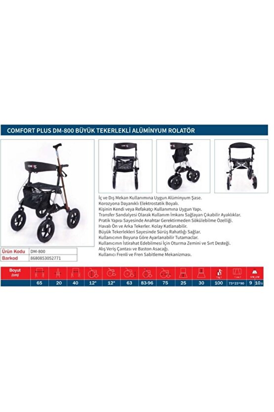 Comfort Plus DM-800 Büyük Tekerlekli Alüminyum Rolatör