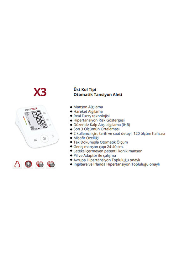 Rossmax X3 Üst Kol Tipi Otomatik Tansiyon Aleti 5 Yıl GarantiliRossmax