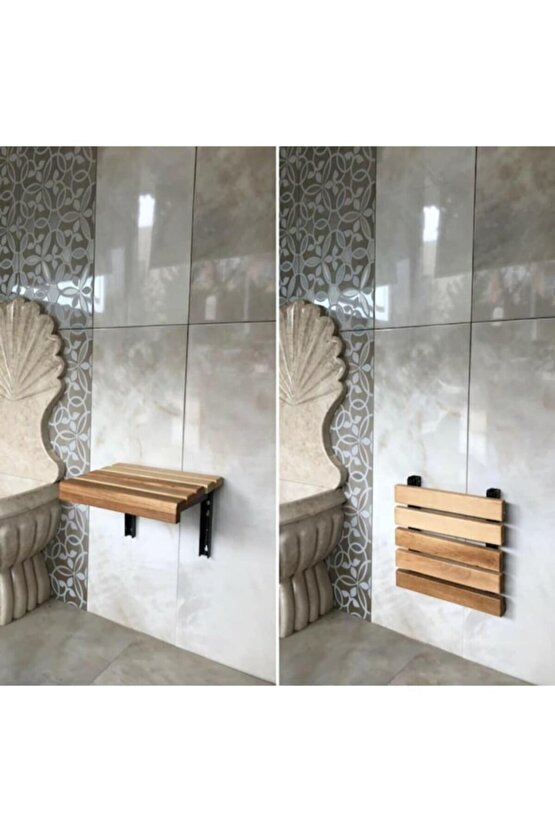 Meşe Rengi Ahşap Katlanır Duvara Monte Duş Taburesi Meşe 32x37,5
