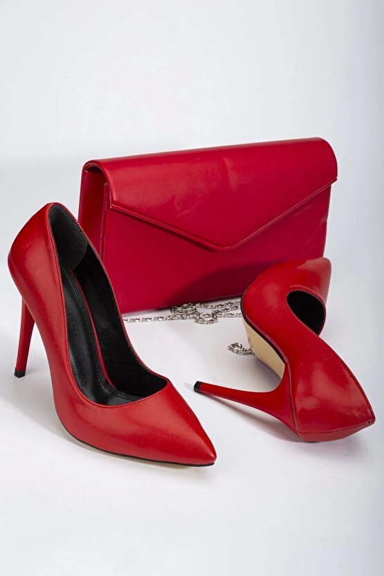 Kadın Kırmızı   Yeni Moda Şık Rahat Stiletto Ayakkabı Ve Çanta  Kombini - Topuk 10 cm