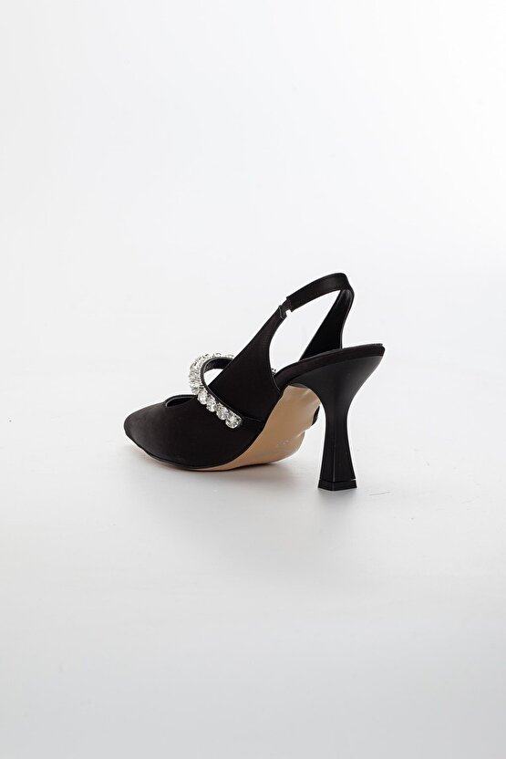 Kadın Siyah Arkası Açık Taşlı Saten Stiletto Gece Ayakkabısı - Topuk 8.5 Cm