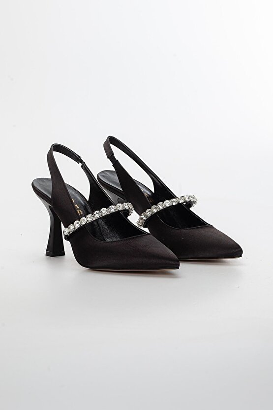 Kadın Siyah Arkası Açık Taşlı Saten Stiletto Gece Ayakkabısı - Topuk 8.5 Cm