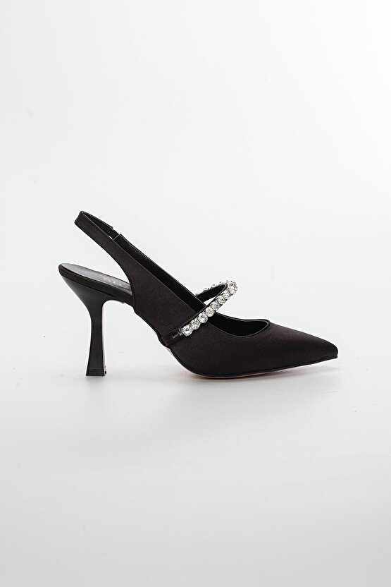 Kadın Siyah Arkası Açık Taşlı Saten Stiletto Gece Ayakkabısı - Topuk 8.5 Cm