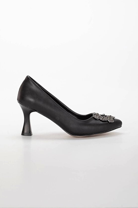 Kadın 7 Cm Topuklu Siyah Cilt Taş Detaylı Çanta Kombinli Stiletto Takımı