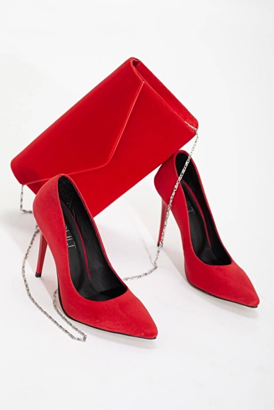 Kadın Kırmızı Süet Stiletto & Çanta Kombin Ince Yüksek Topuklu - Topuk 10 Cm