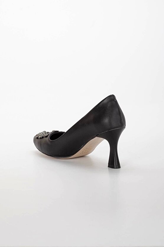 Kadın 7 Cm Topuklu Siyah Cilt Taş Detaylı Çanta Kombinli Stiletto Takımı