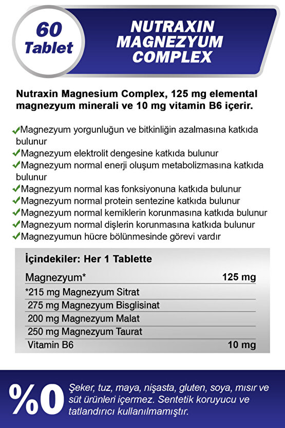 Magnezyum Complex 60 Tablet 125 Mg - Bisiglinat - Taurat - Malat - Sitrat - B6