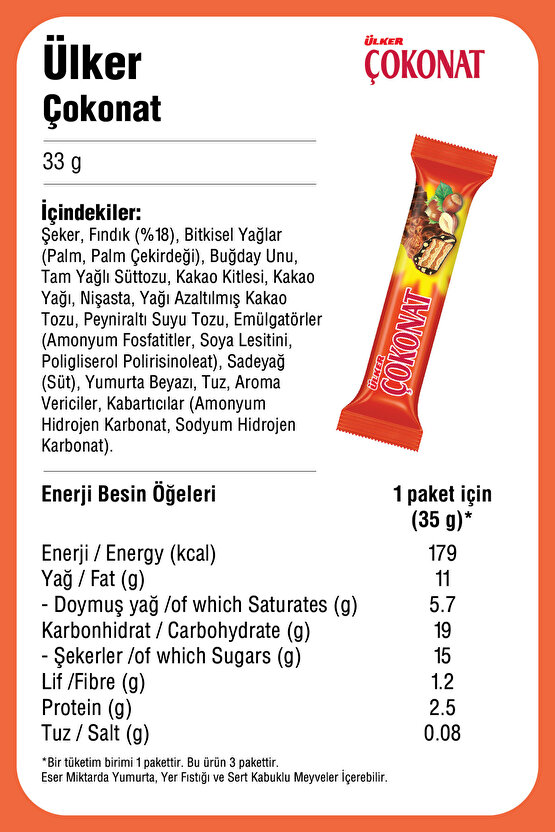 ÇOKONAT -Sütlü Çikolata ve Fındık Parçacığı Kaplamalı Fındıklı Kremalı Gofret- 33 gram- 24 Adet