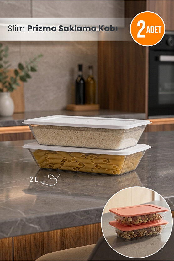 2li Slim Prizma Saklama Kabı Erzak Kabı Bakliyat Saklama Kabı 2LT Dolapiçi Organizer