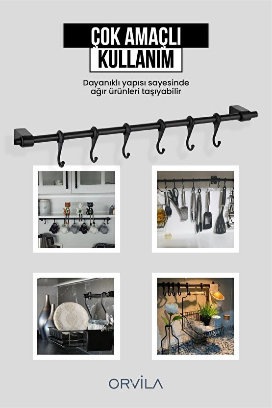 Siyah Metal Mutfak Ve Banyo Askısı 6 Kancalı Askı Demiri 42 Cm Çubuk
