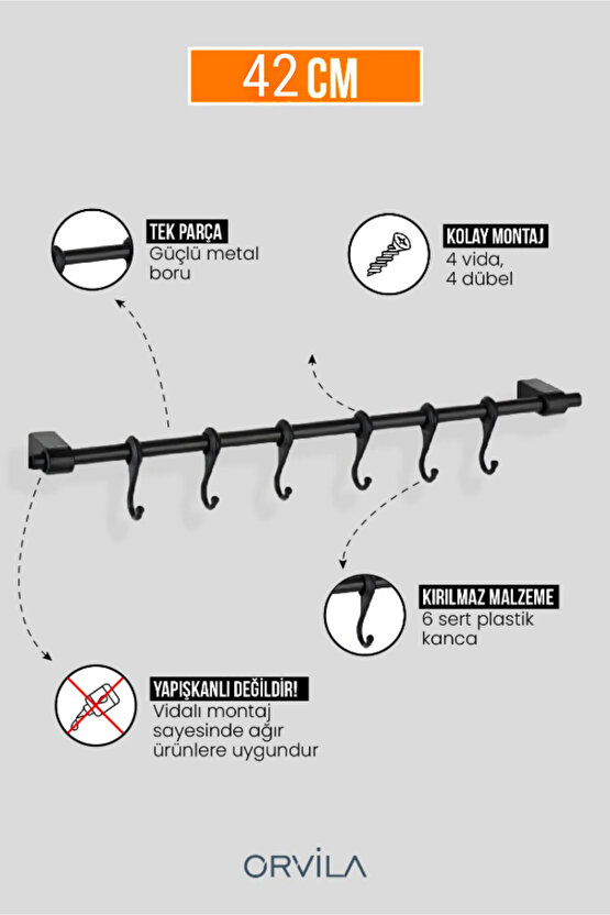 Siyah Metal Mutfak Ve Banyo Askısı 6 Kancalı Askı Demiri 42 Cm Çubuk