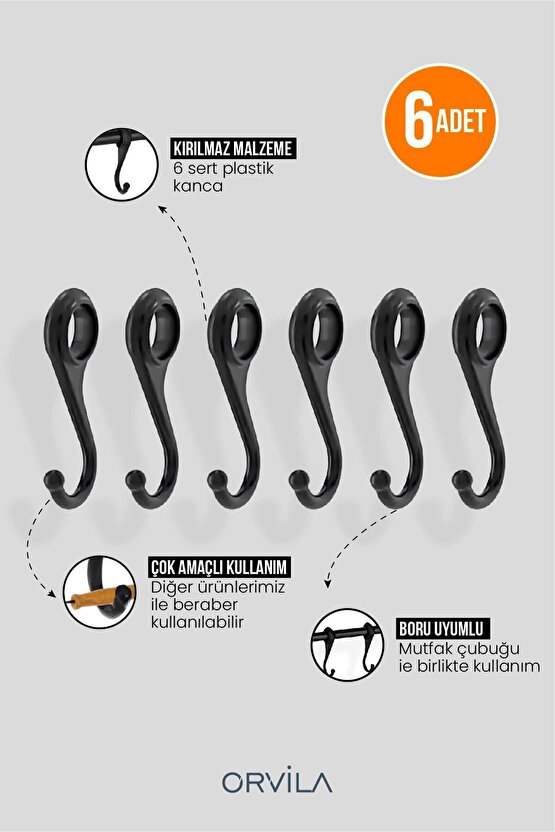 Siyah Metal Mutfak Ve Banyo Askısı 6 Kancalı Askı Demiri 42 Cm Çubuk