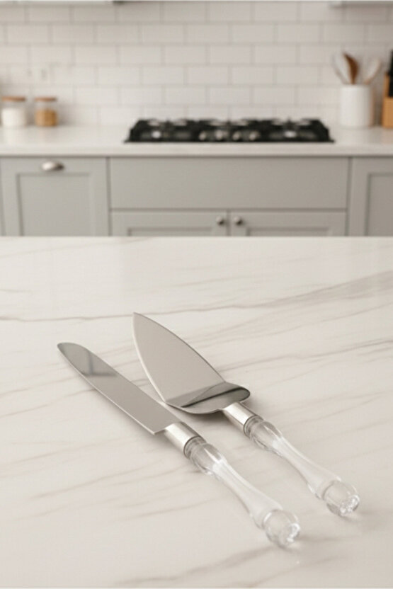 2li Kristal Saplı Pasta Servis Seti Spatula Bıçak Sunum Servis Seti