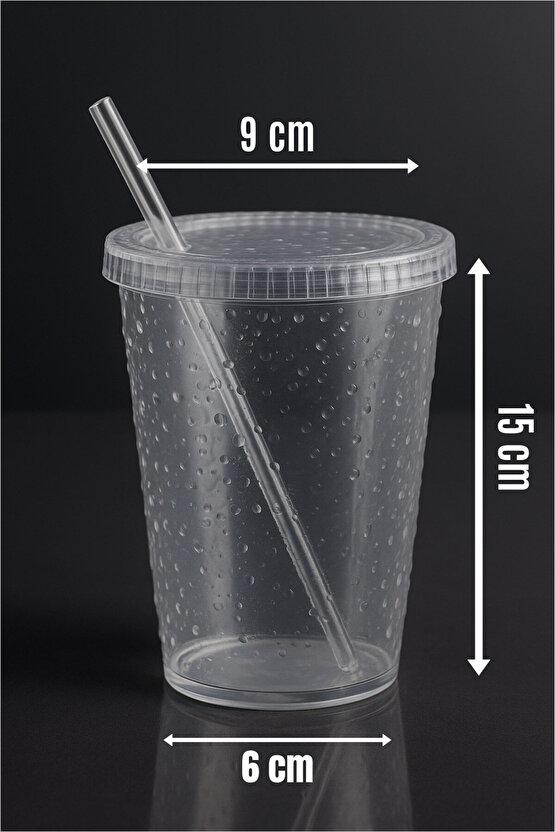Şeffaf Cam Pipetli Plastik Bardak 500 ml – Su Damlacıklı Desen - Kapaklı Soğuk İçecek Bardağı