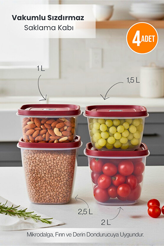 Kırmızı 4lü Vakumlu Sızdırmaz Kapaklı Saklama Kabı Erzak Düzenleyici Set 1L, 1,5L, 2L, 2,5L