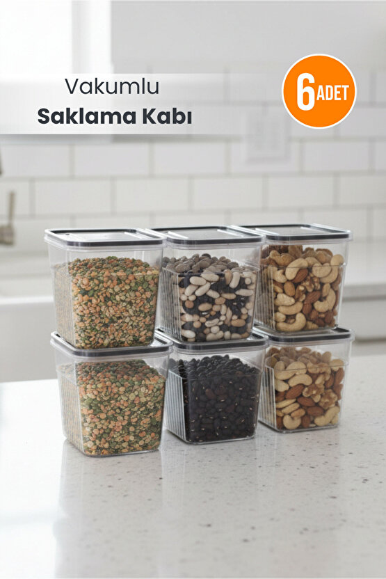 6lı Şeffaf Sızdırmaz Vakumlu Erzak Saklama Kabı Bakliyat Saklama Kutusu 1,6 L